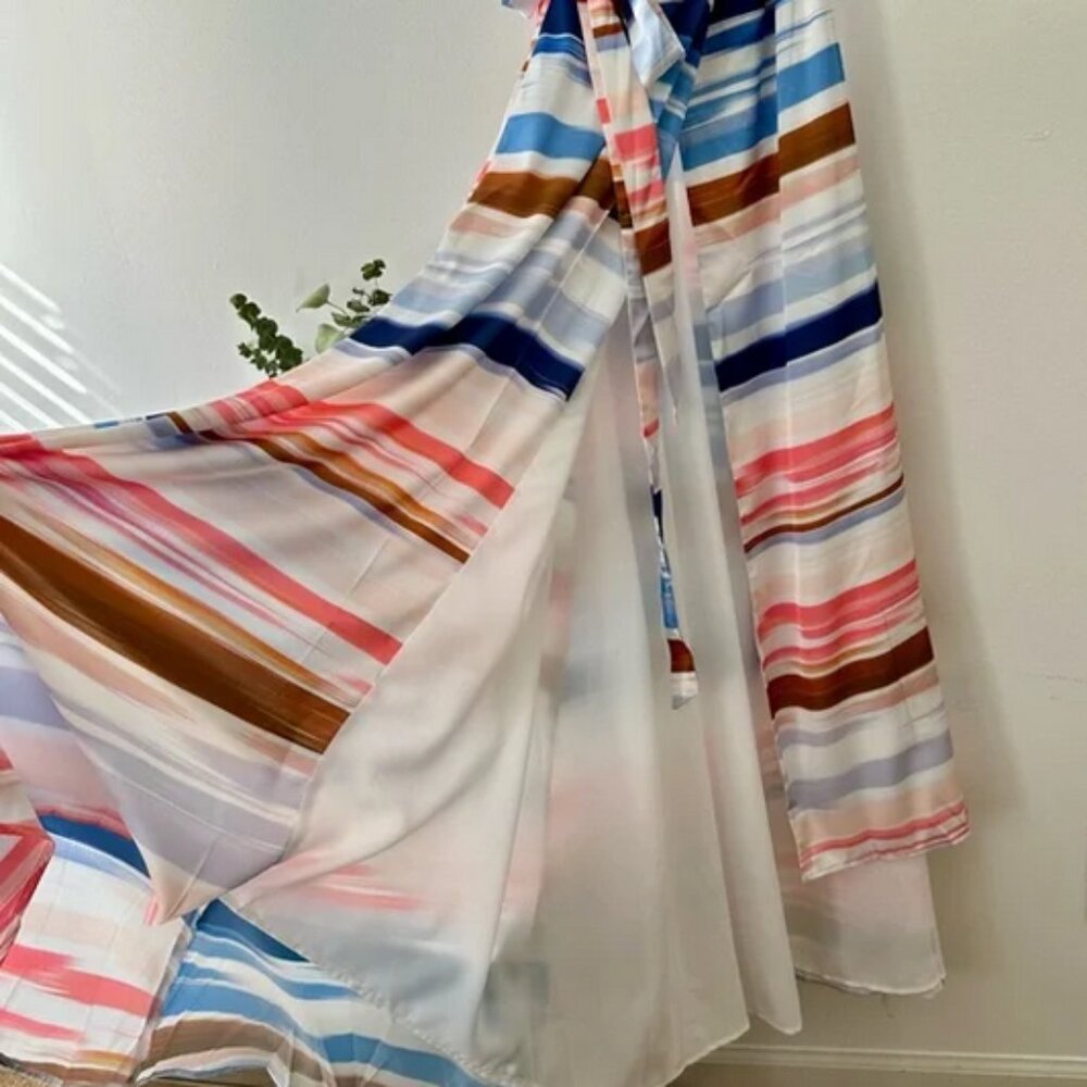 Hutch Satin Printed Sleeveless Midi Wrap Dress Bright Watercolor Stripe - Picture 5 of 8